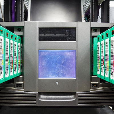 streamer, tape library for data backup in the server rack in the datacenter